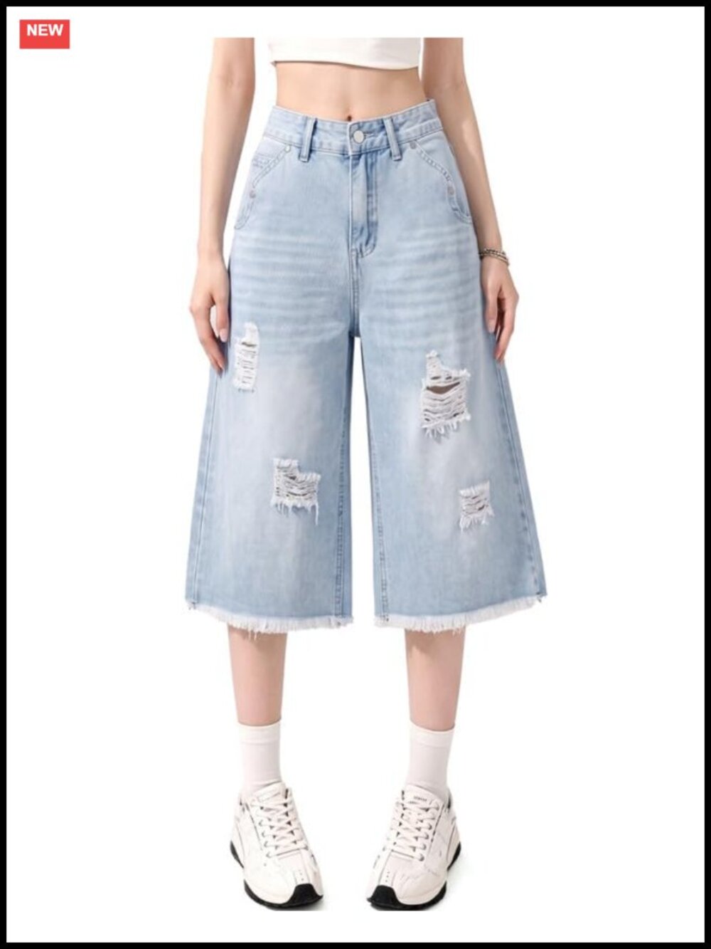 Ripped Baggy Jean Shorts High Rise Wide Leg Bermuda Y2K Jorts